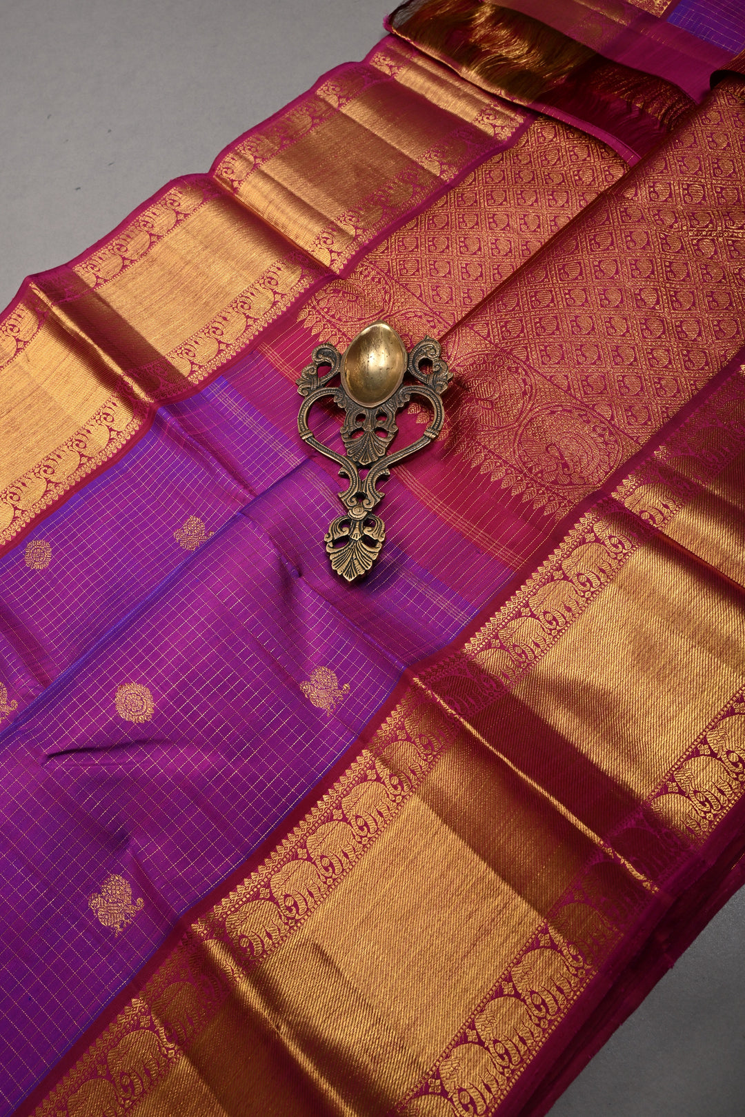 Purple Dual Tone Podi-Kattam Zari Checks on Kanjivaram Pure Silk Saree with Zari Buttas and Zari Border | SILK MARK CERTIFIED | SHOBITAM