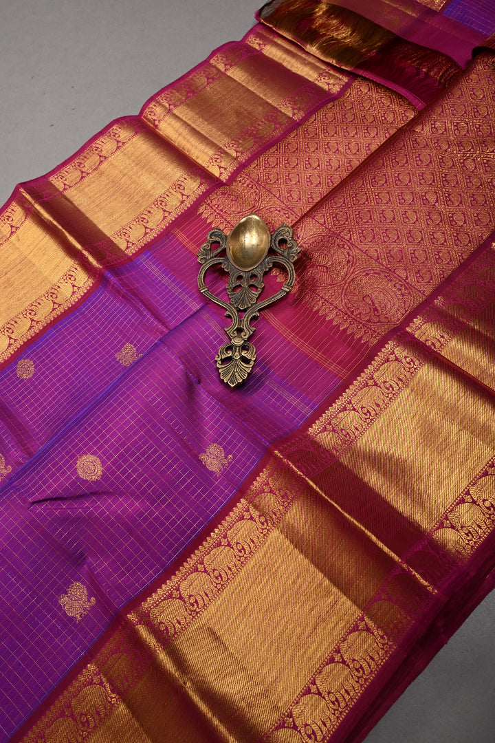 Purple Dual Tone Podi-Kattam Zari Checks on Kanjivaram Pure Silk Saree with Zari Buttas and Zari Border | SILK MARK CERTIFIED | SHOBITAM