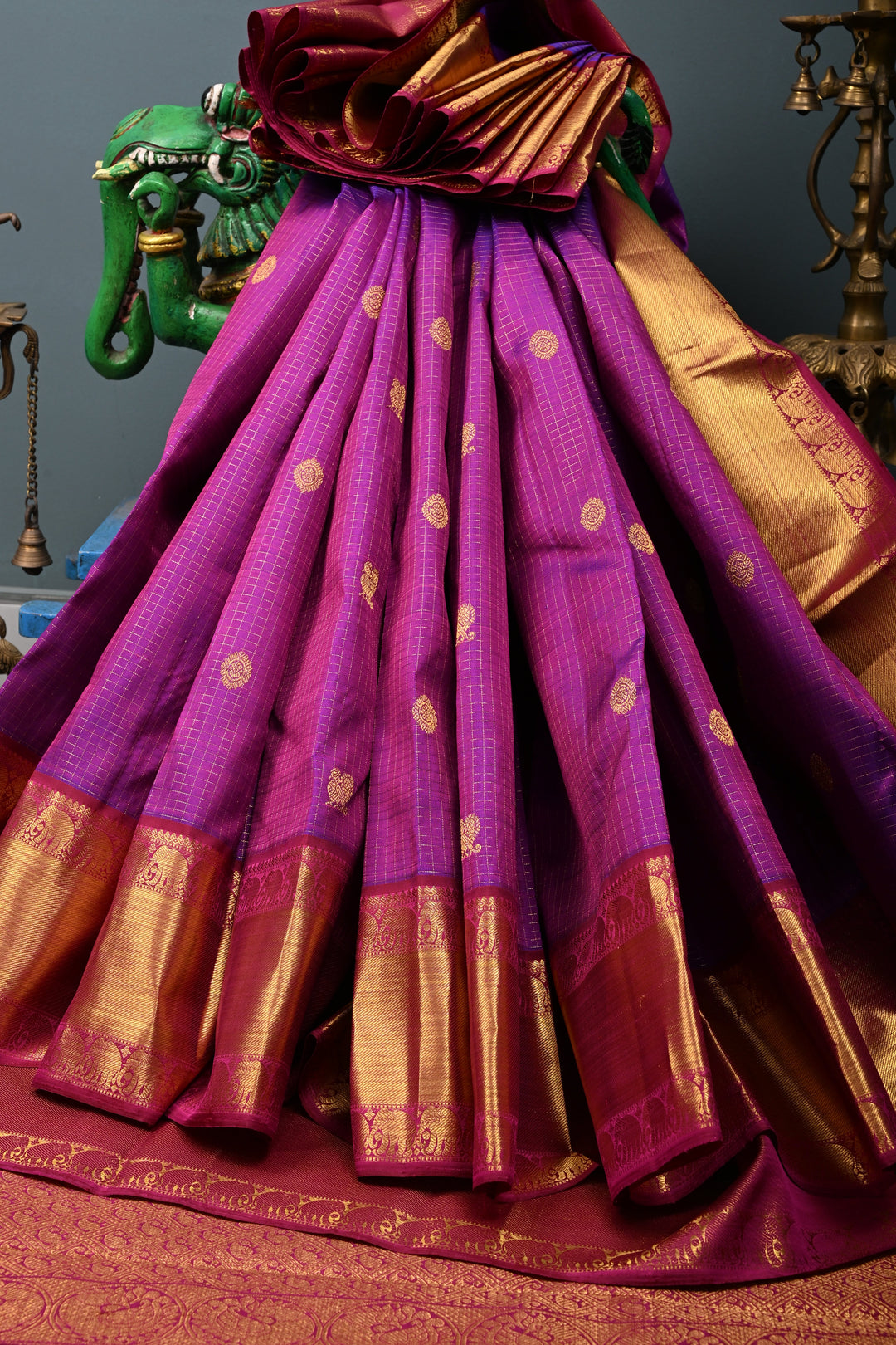 Purple Dual Tone Podi-Kattam Zari Checks on Kanjivaram Pure Silk Saree with Zari Buttas and Zari Border | SILK MARK CERTIFIED | SHOBITAM