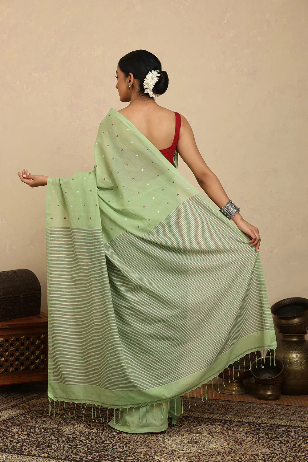 Handloom Green Polka Pure Cotton Jamdani Saree | SHOBITAM