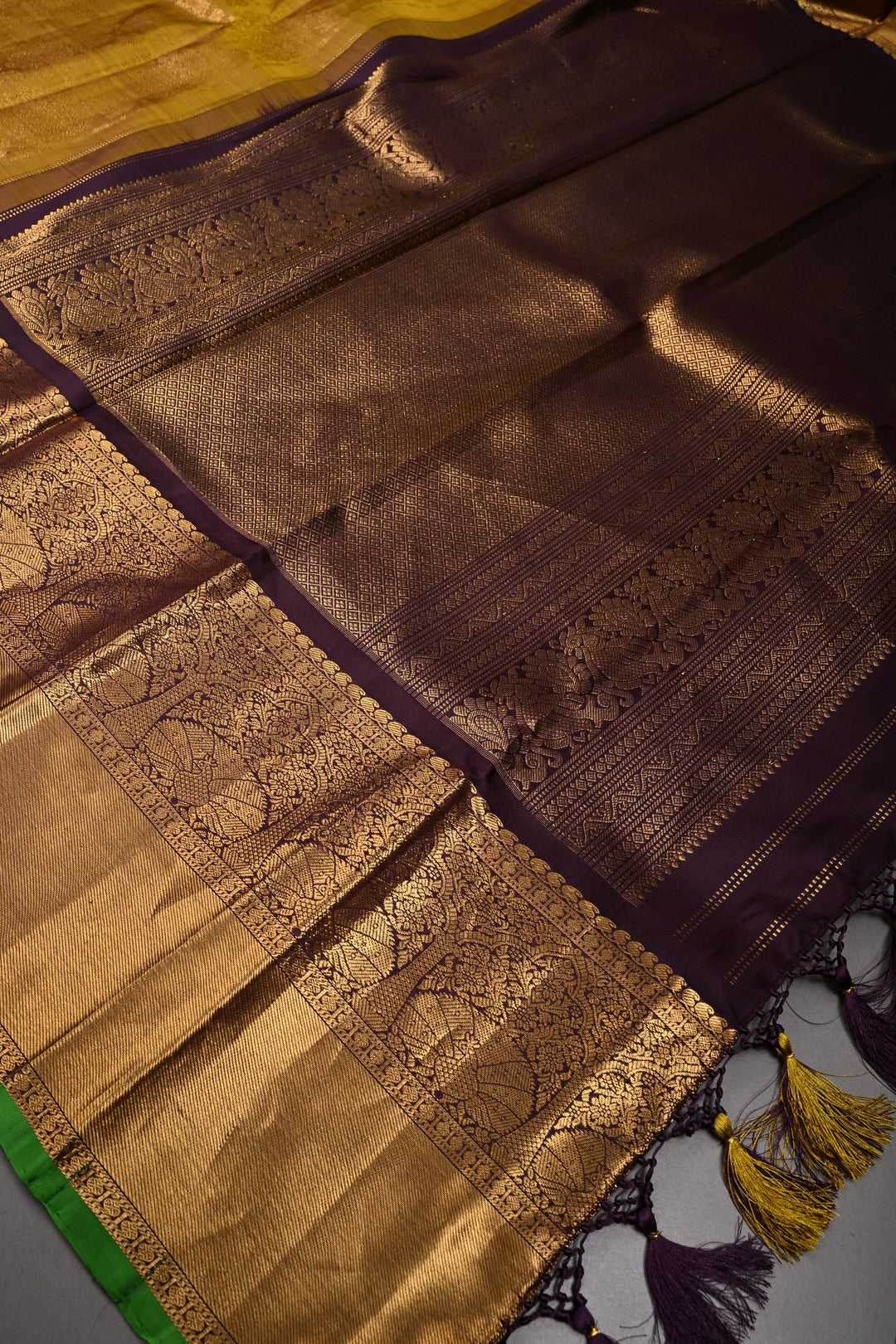 Methi Yellow Gadwal Silk Saree with Vanasingaram Floral Zari Brocade and Contrast Wide Zari Border | SILK MARK CERTIFIED