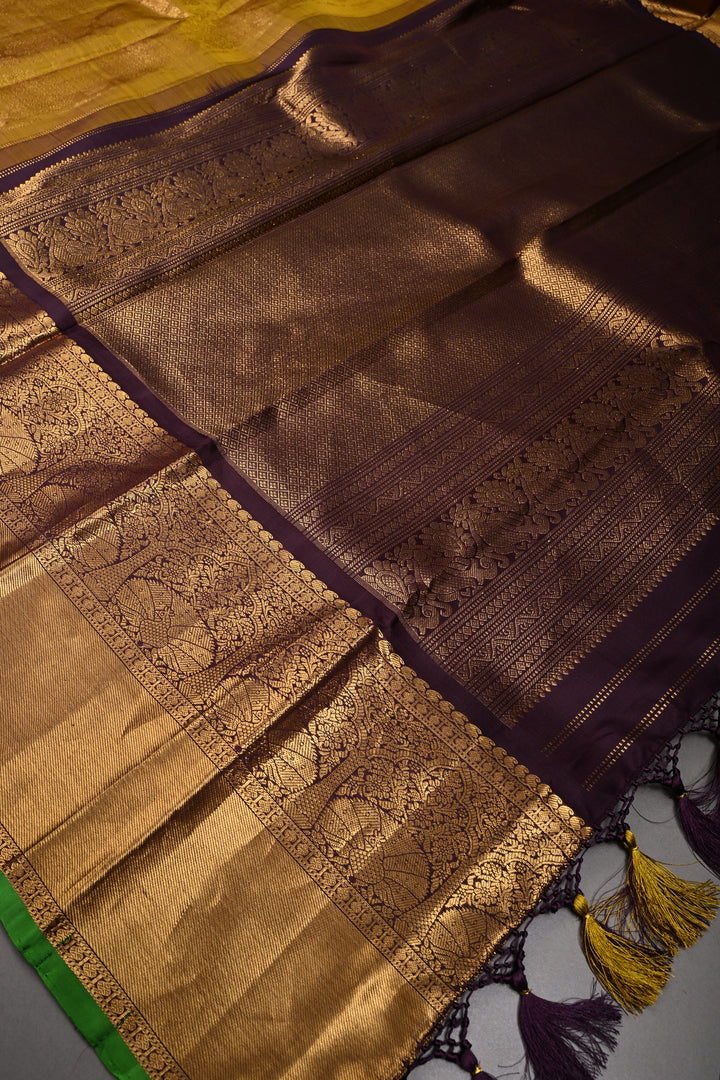Methi Yellow Gadwal Silk Saree with Vanasingaram Floral Zari Brocade and Contrast Wide Zari Border | SILK MARK CERTIFIED