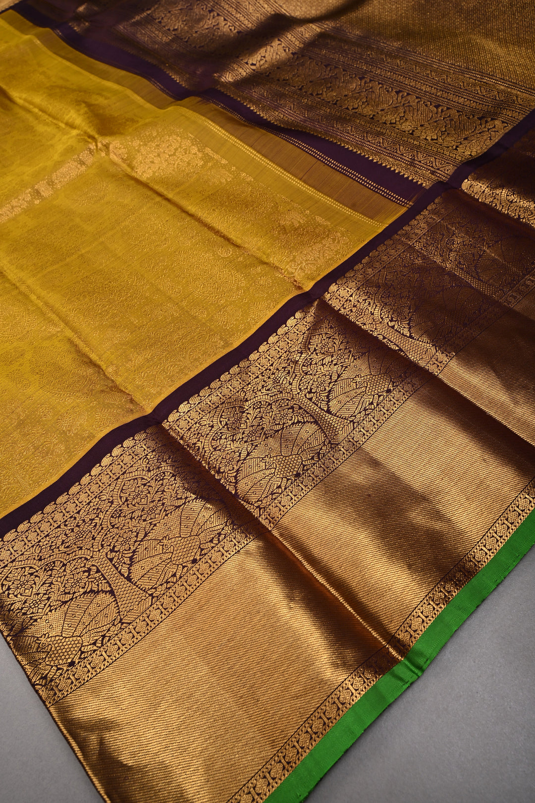 Methi Yellow Gadwal Silk Saree with Vanasingaram Floral Zari Brocade and Contrast Wide Zari Border | SILK MARK CERTIFIED