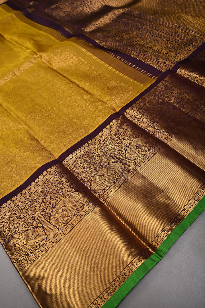 Methi Yellow Gadwal Silk Saree with Vanasingaram Floral Zari Brocade and Contrast Wide Zari Border | SILK MARK CERTIFIED