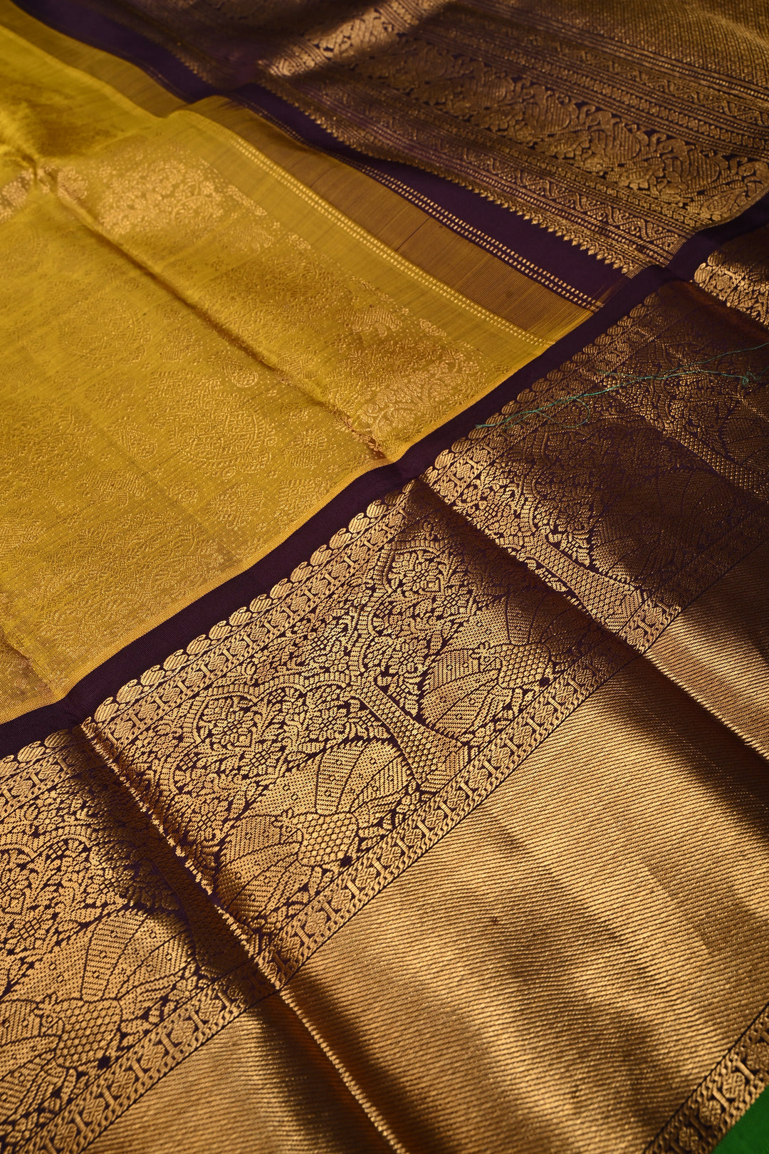 Methi Yellow Gadwal Silk Saree with Vanasingaram Floral Zari Brocade and Contrast Wide Zari Border | SILK MARK CERTIFIED