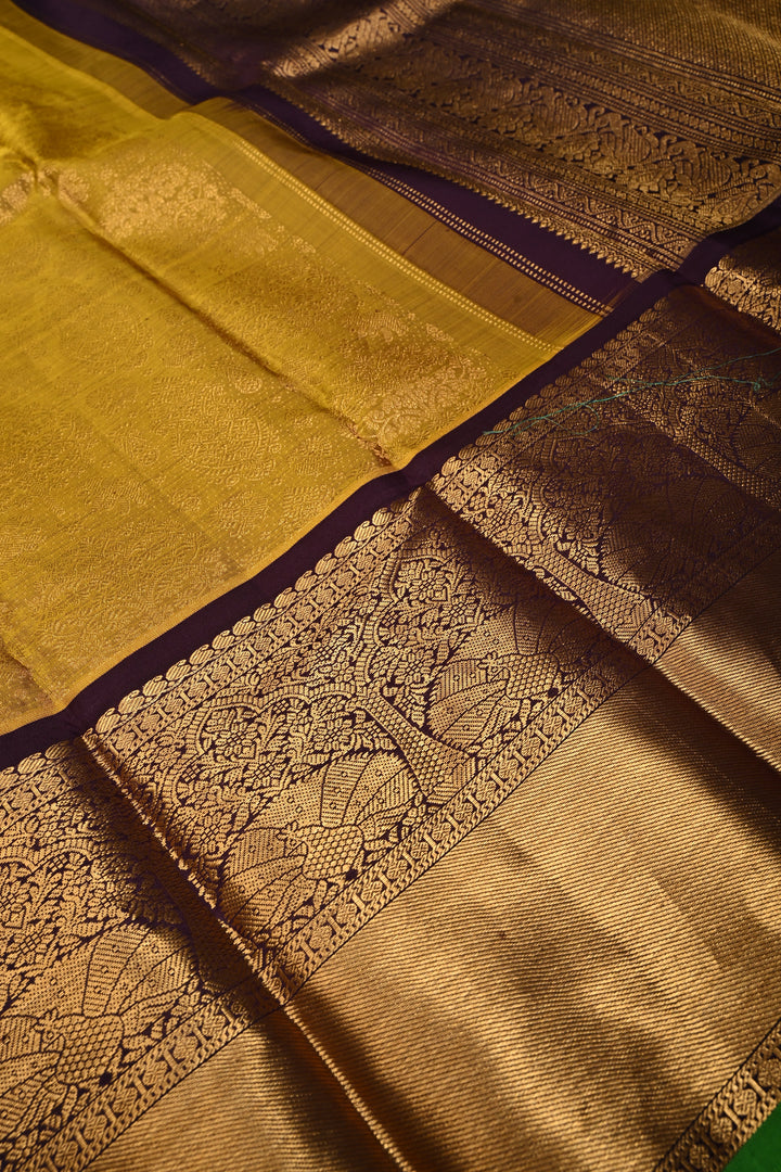 Methi Yellow Gadwal Silk Saree with Vanasingaram Floral Zari Brocade and Contrast Wide Zari Border | SILK MARK CERTIFIED