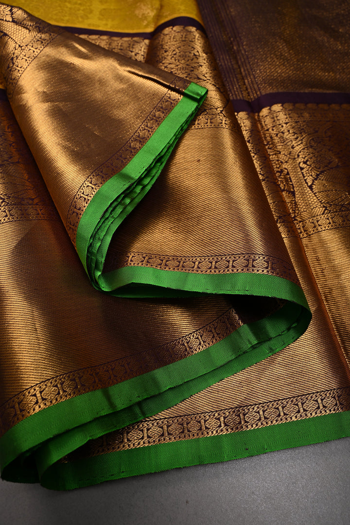 Methi Yellow Gadwal Silk Saree with Vanasingaram Floral Zari Brocade and Contrast Wide Zari Border | SILK MARK CERTIFIED