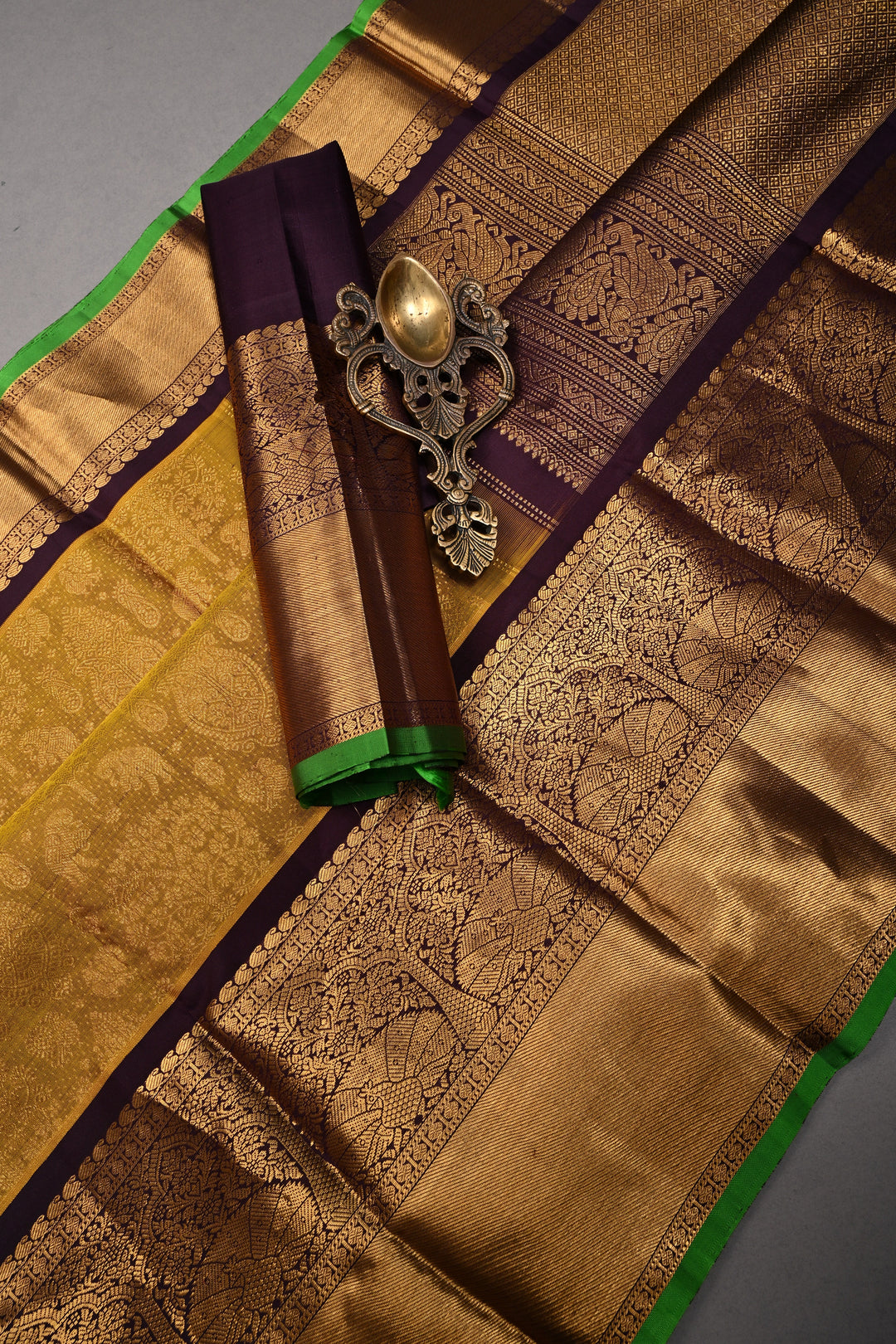 Methi Yellow Gadwal Silk Saree with Vanasingaram Floral Zari Brocade and Contrast Wide Zari Border | SILK MARK CERTIFIED