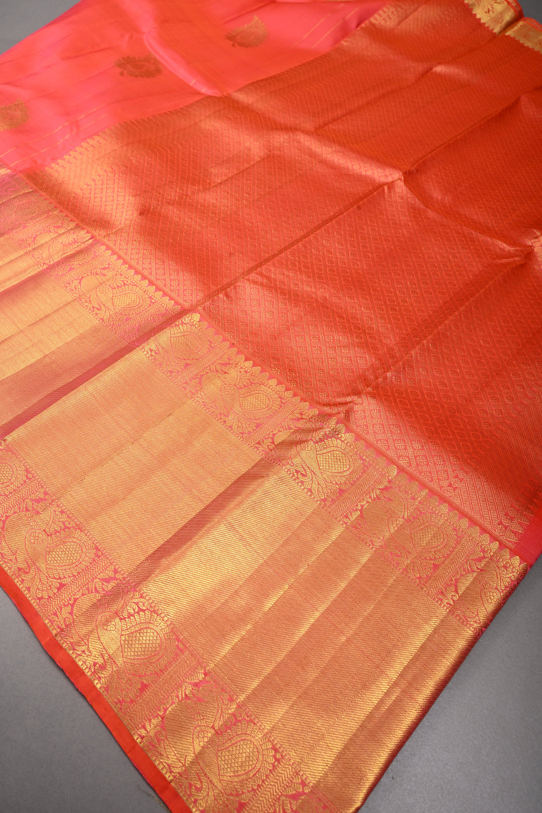 Coral Red Dual tone Kanjivaram Silk Saree with Leaf Zari Buttas and Wide Zari Border | SILK MARK CERTIFIED