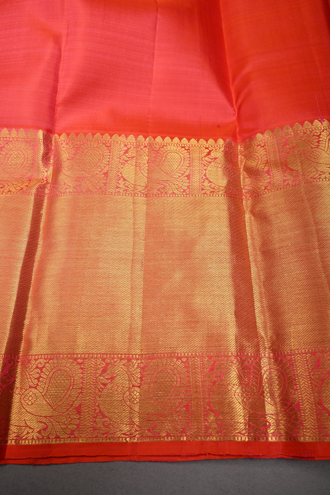 Coral Red Dual tone Kanjivaram Silk Saree with Leaf Zari Buttas and Wide Zari Border | SILK MARK CERTIFIED