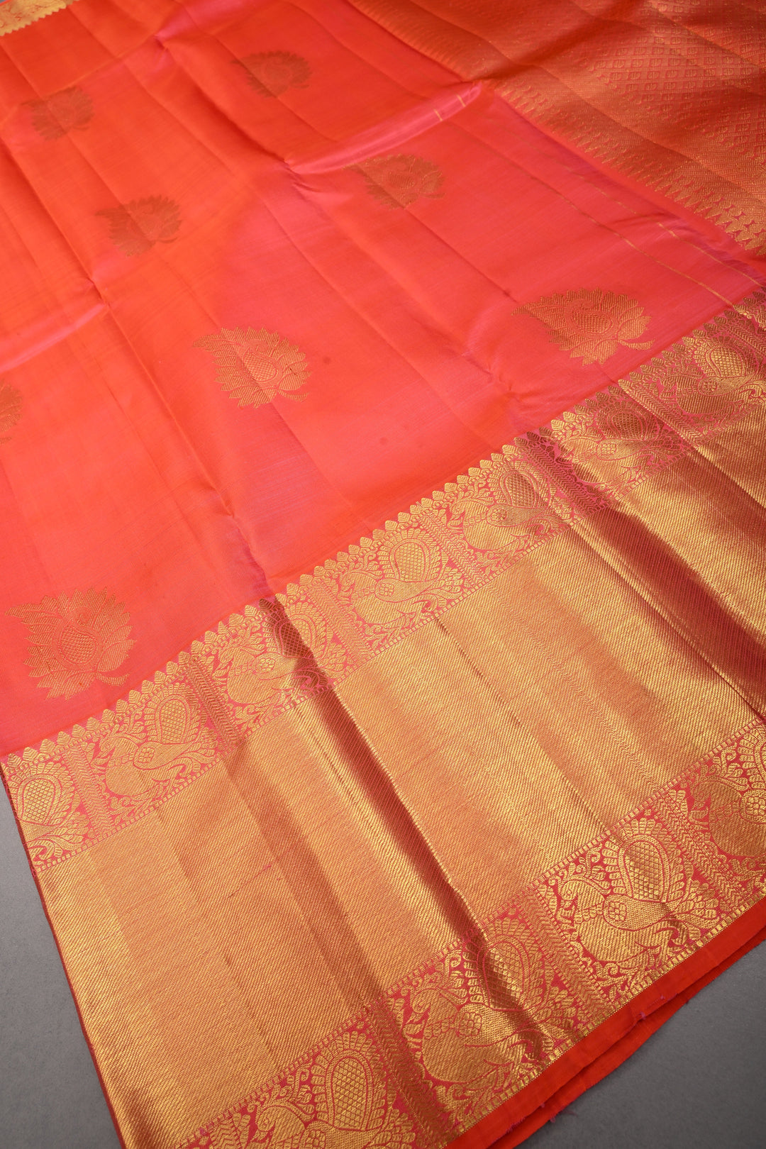 Coral Red Dual tone Kanjivaram Silk Saree with Leaf Zari Buttas and Wide Zari Border | SILK MARK CERTIFIED