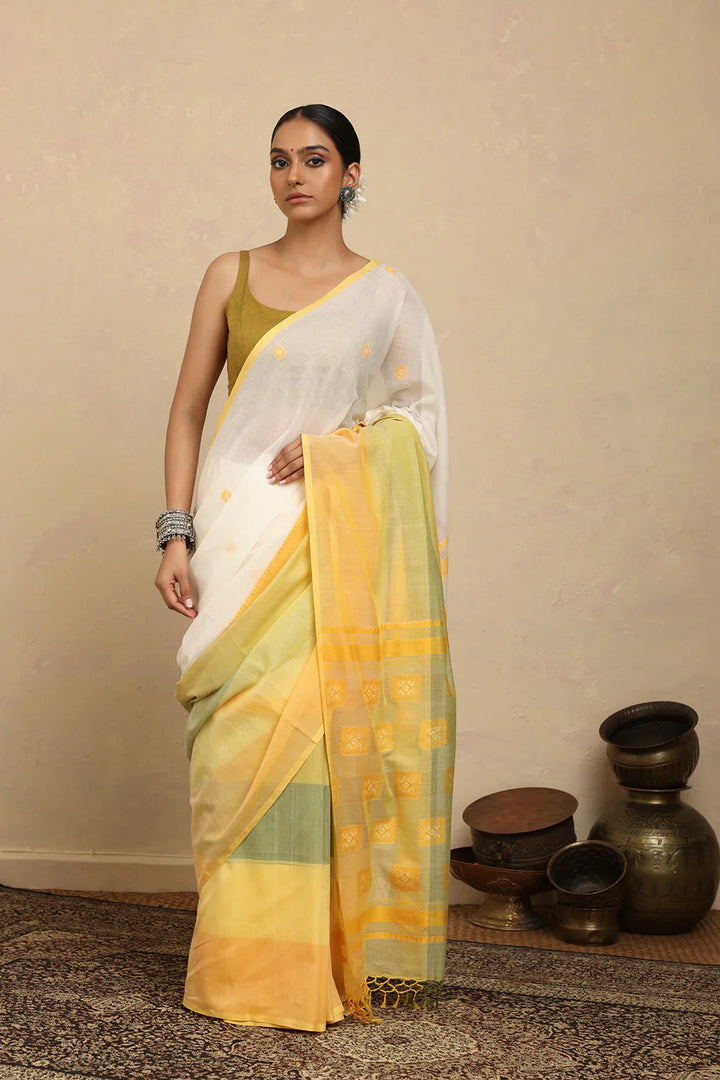 Handloom White and Yellow Pure Cotton Jamdani Saree | SHOBITAM