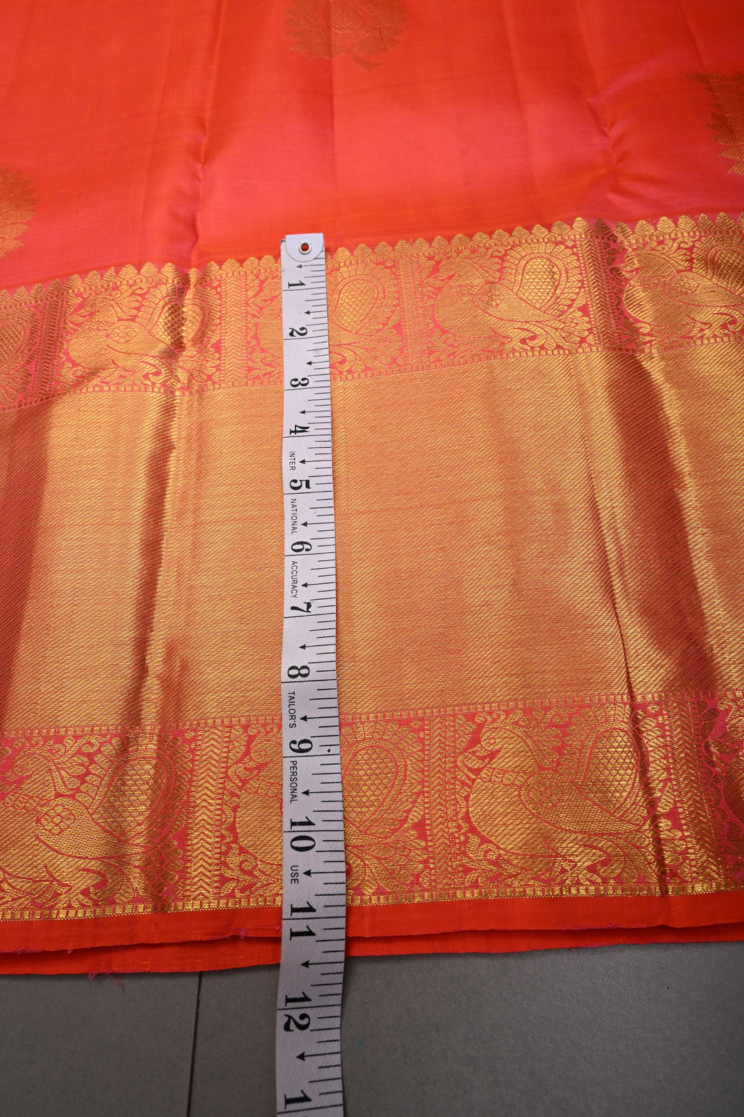Coral Red Dual tone Kanjivaram Silk Saree with Leaf Zari Buttas and Wide Zari Border | SILK MARK CERTIFIED