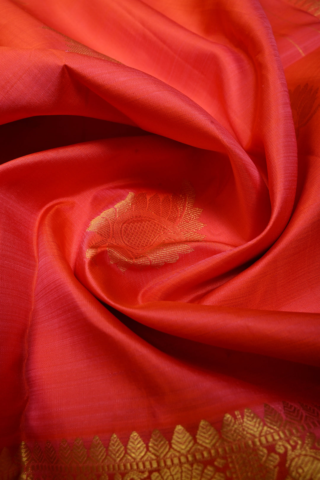 Coral Red Dual tone Kanjivaram Silk Saree with Leaf Zari Buttas and Wide Zari Border | SILK MARK CERTIFIED