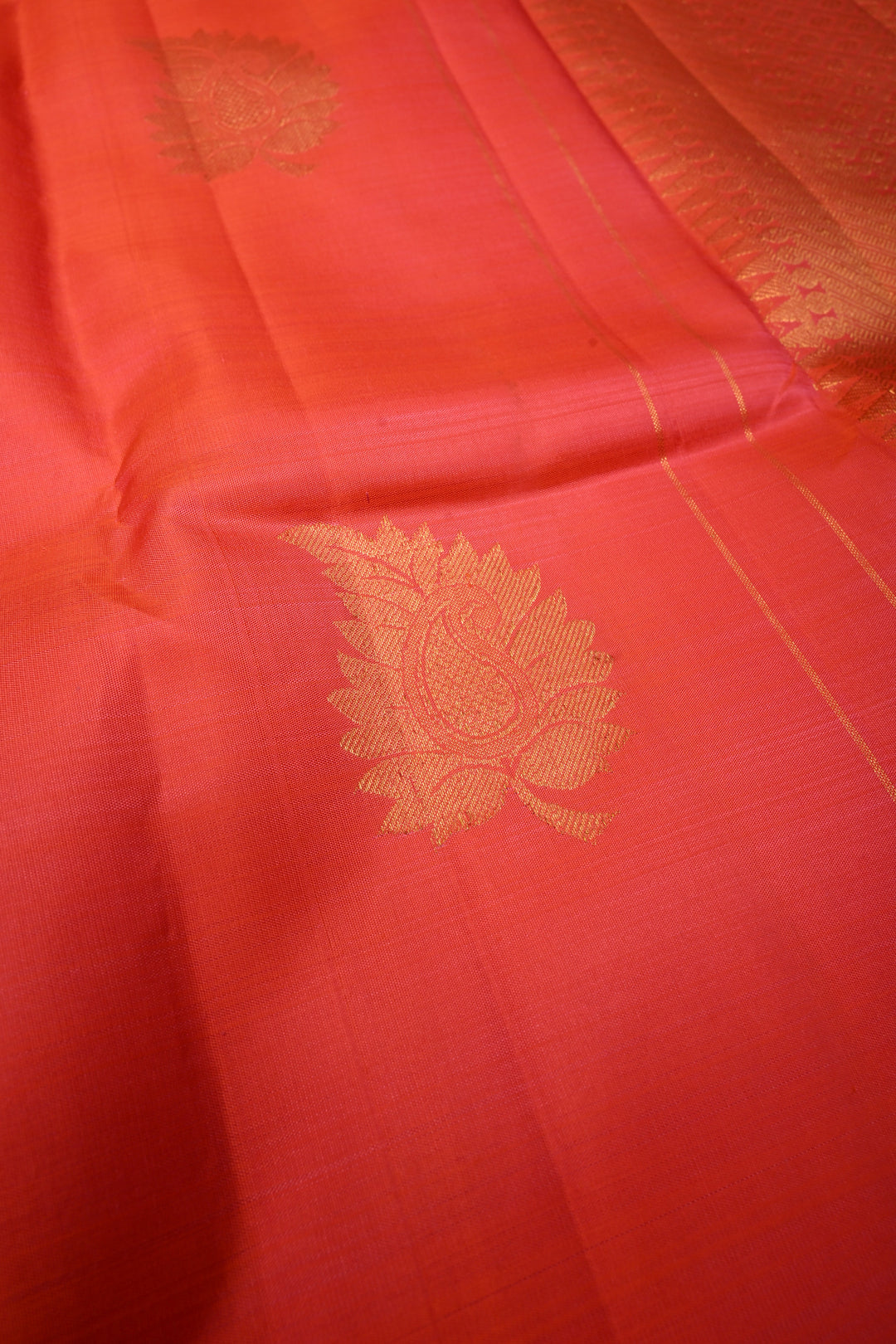 Coral Red Dual tone Kanjivaram Silk Saree with Leaf Zari Buttas and Wide Zari Border | SILK MARK CERTIFIED