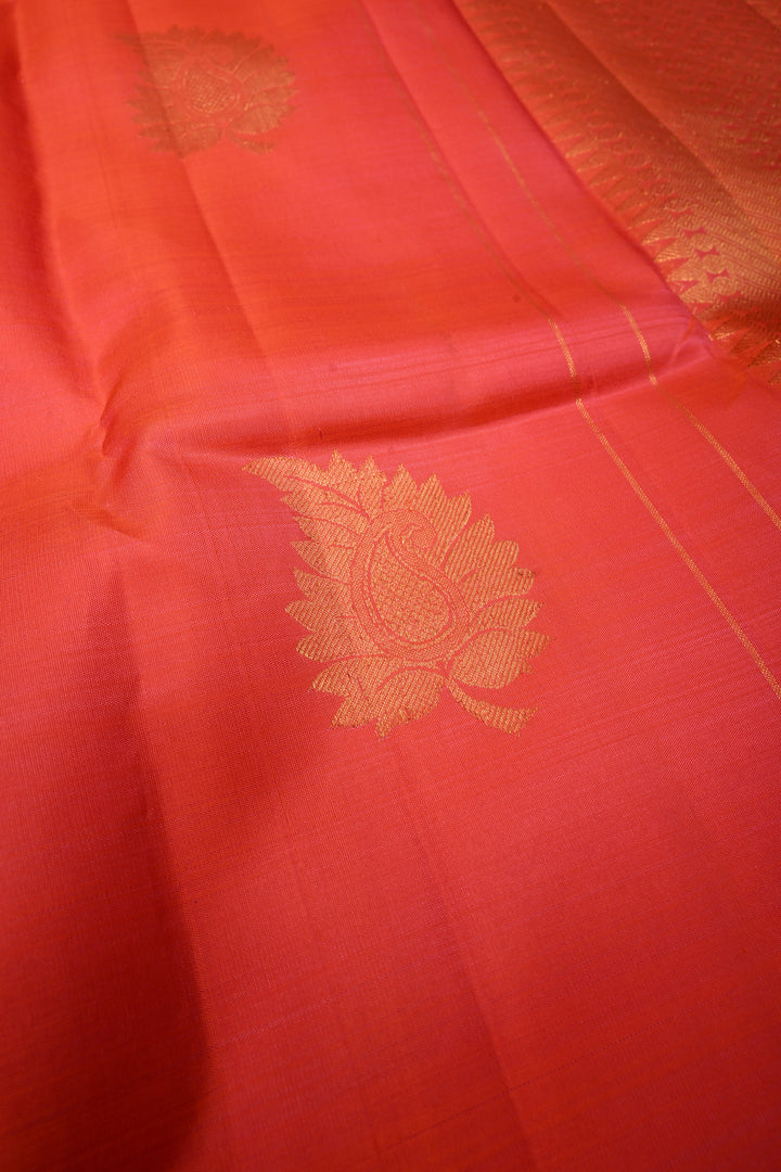 Coral Red Dual tone Kanjivaram Silk Saree with Leaf Zari Buttas and Wide Zari Border | SILK MARK CERTIFIED