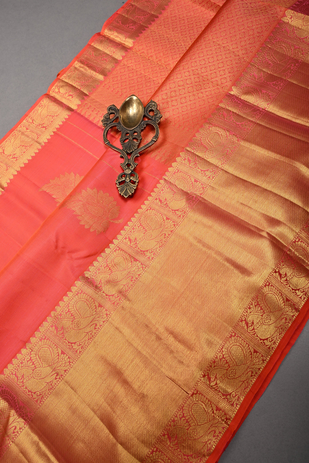 Coral Red Dual tone Kanjivaram Silk Saree with Leaf Zari Buttas and Wide Zari Border | SILK MARK CERTIFIED