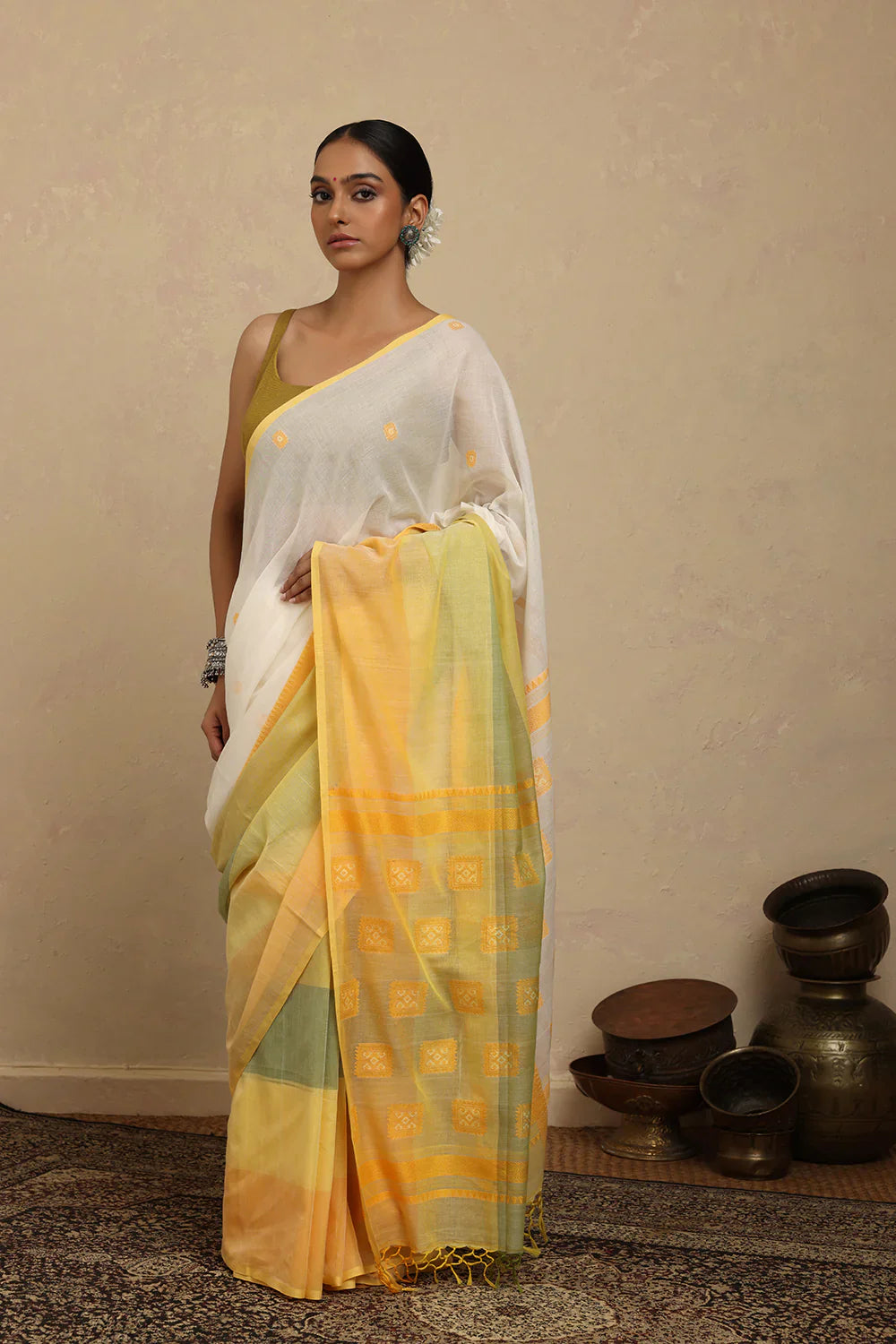 Handloom White and Yellow Pure Cotton Jamdani Saree | SHOBITAM