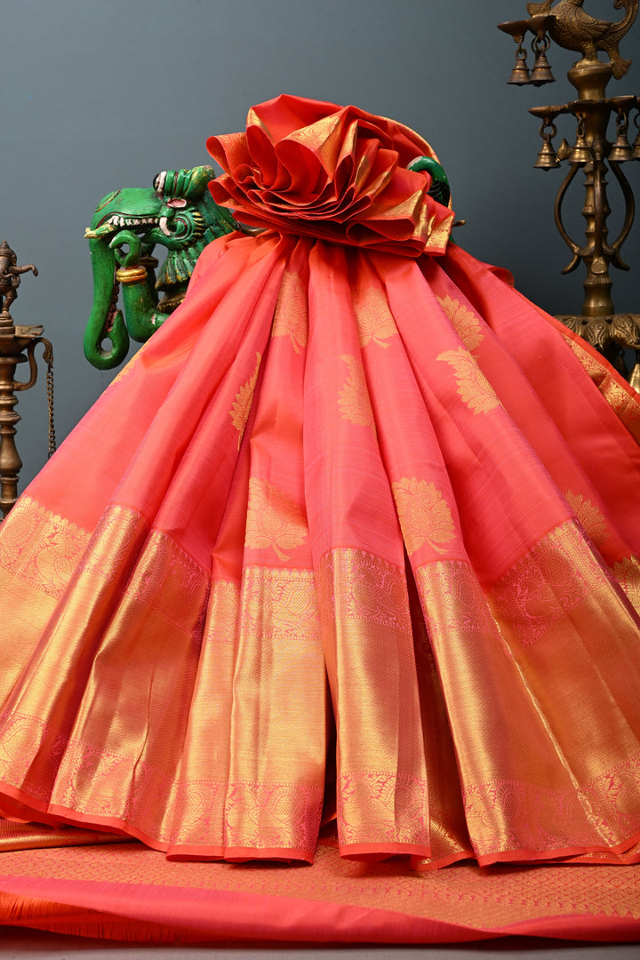 Coral Red Dual tone Kanjivaram Silk Saree with Leaf Zari Buttas and Wide Zari Border | SILK MARK CERTIFIED