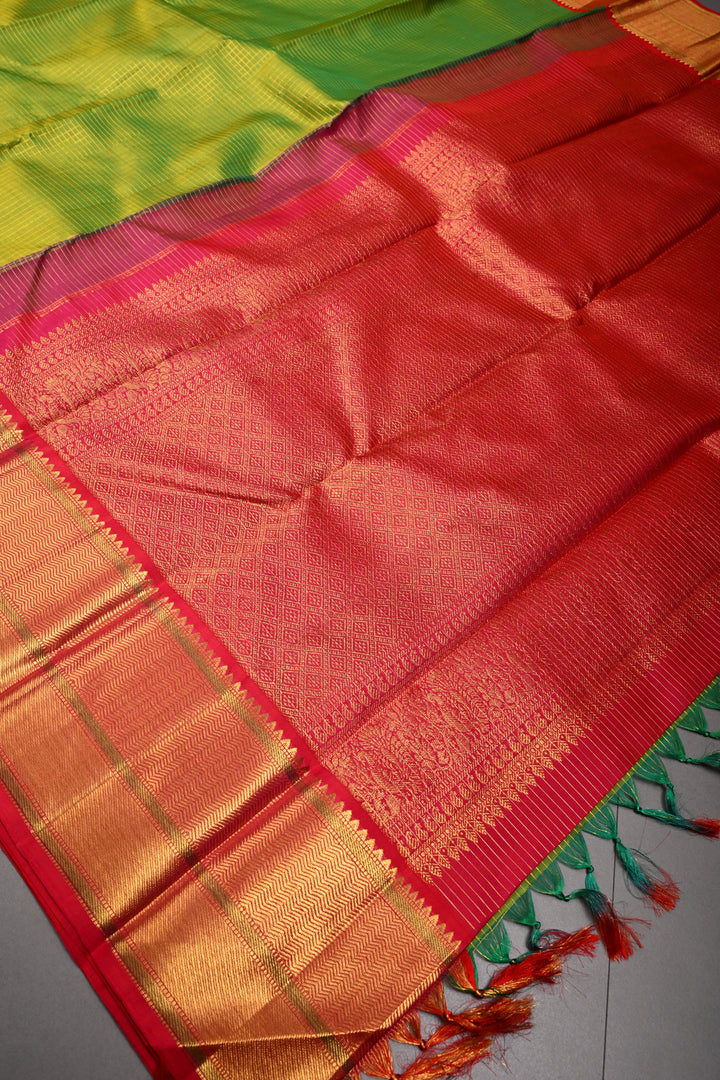 Chartreuse Korvai Kanjivaram Pure Silk Saree with Podi-Kattam Zari Checks and Contrast Zari Border | SILK MARK CERTIFIED | SHOBITAM