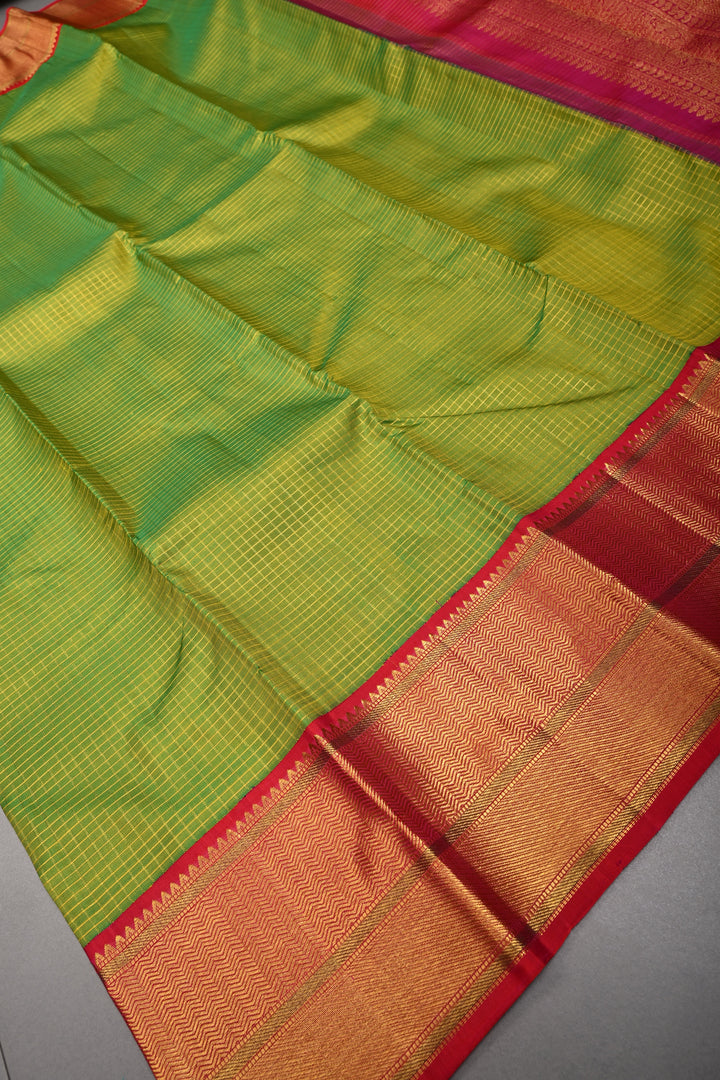 Chartreuse Korvai Kanjivaram Pure Silk Saree with Podi-Kattam Zari Checks and Contrast Zari Border | SILK MARK CERTIFIED | SHOBITAM
