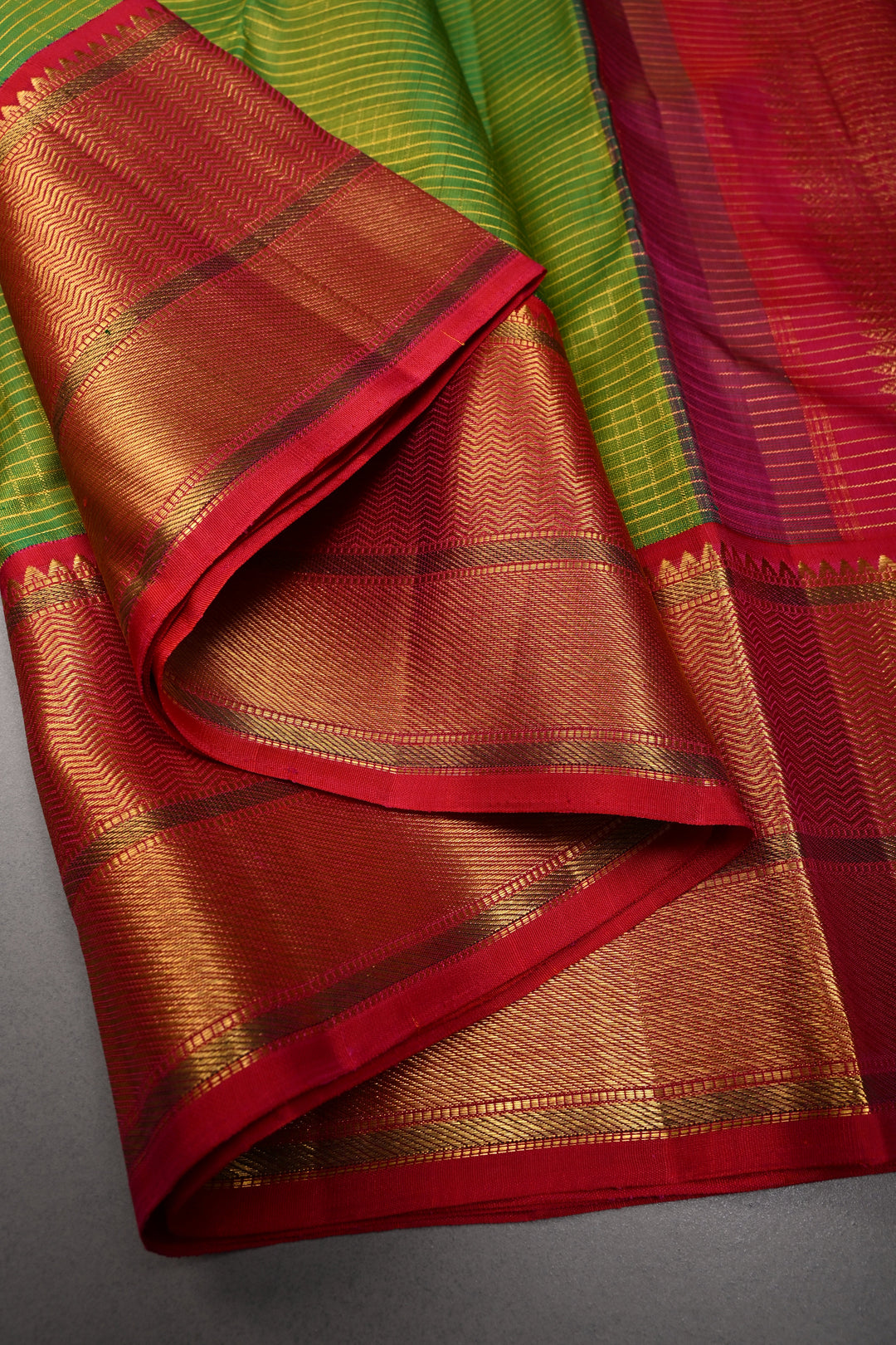 Chartreuse Korvai Kanjivaram Pure Silk Saree with Podi-Kattam Zari Checks and Contrast Zari Border | SILK MARK CERTIFIED | SHOBITAM