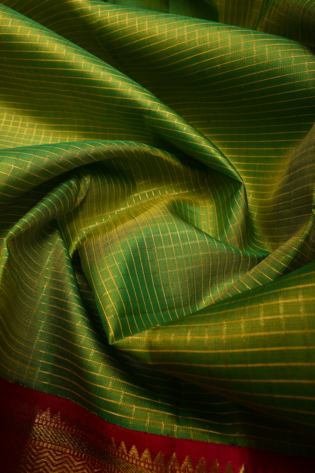 Chartreuse Korvai Kanjivaram Pure Silk Saree with Podi-Kattam Zari Checks and Contrast Zari Border | SILK MARK CERTIFIED | SHOBITAM
