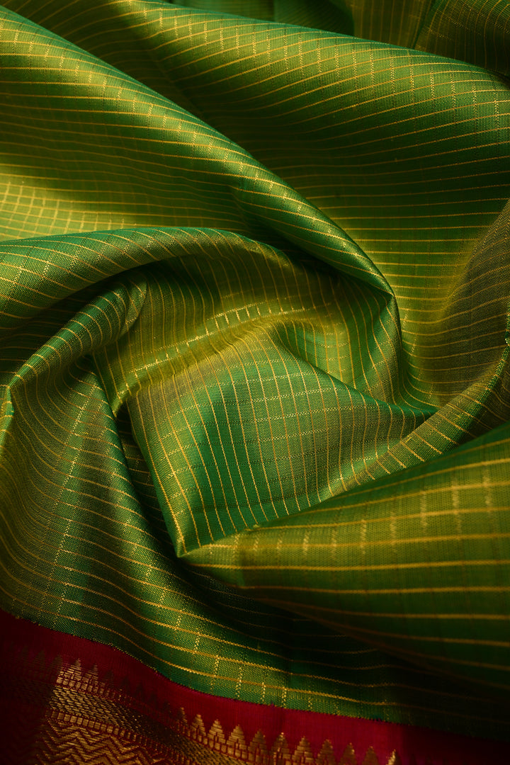 Chartreuse Korvai Kanjivaram Pure Silk Saree with Podi-Kattam Zari Checks and Contrast Zari Border | SILK MARK CERTIFIED | SHOBITAM