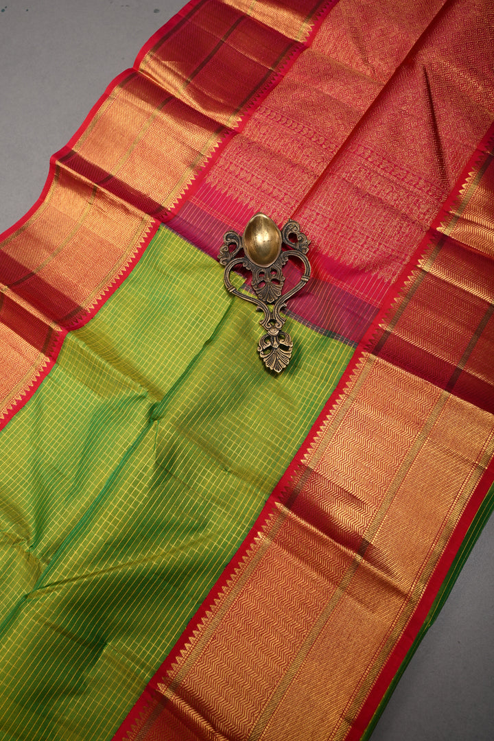 Chartreuse Korvai Kanjivaram Pure Silk Saree with Podi-Kattam Zari Checks and Contrast Zari Border | SILK MARK CERTIFIED | SHOBITAM