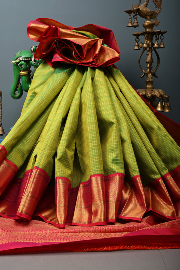 Chartreuse Korvai Kanjivaram Pure Silk Saree with Podi-Kattam Zari Checks and Contrast Zari Border | SILK MARK CERTIFIED | SHOBITAM