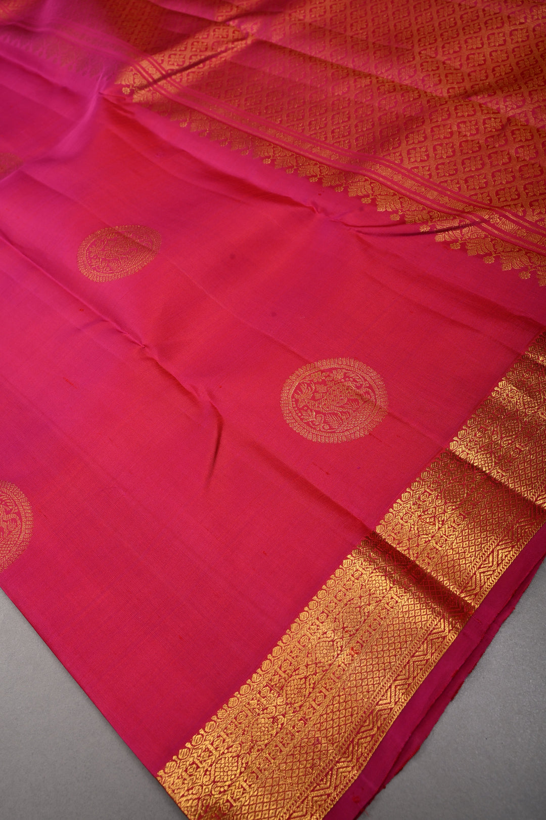 Rani Pink Pure Kanjivaram Silk Saree with Zari Buttas and Zari Border | SILK MARK CERTIFIED | SHOBITAM