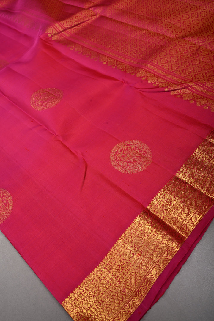 Rani Pink Pure Kanjivaram Silk Saree with Zari Buttas and Zari Border | SILK MARK CERTIFIED | SHOBITAM