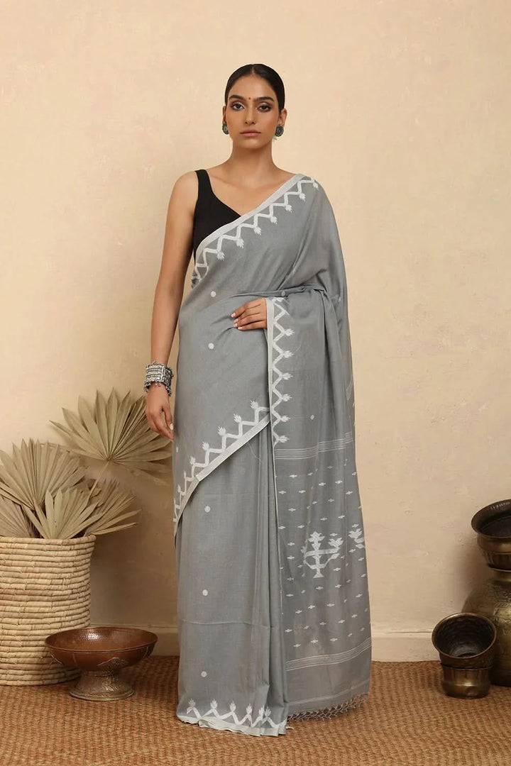 Handloom Grey Alpona Pure Cotton Jamdani Saree | SHOBITAM