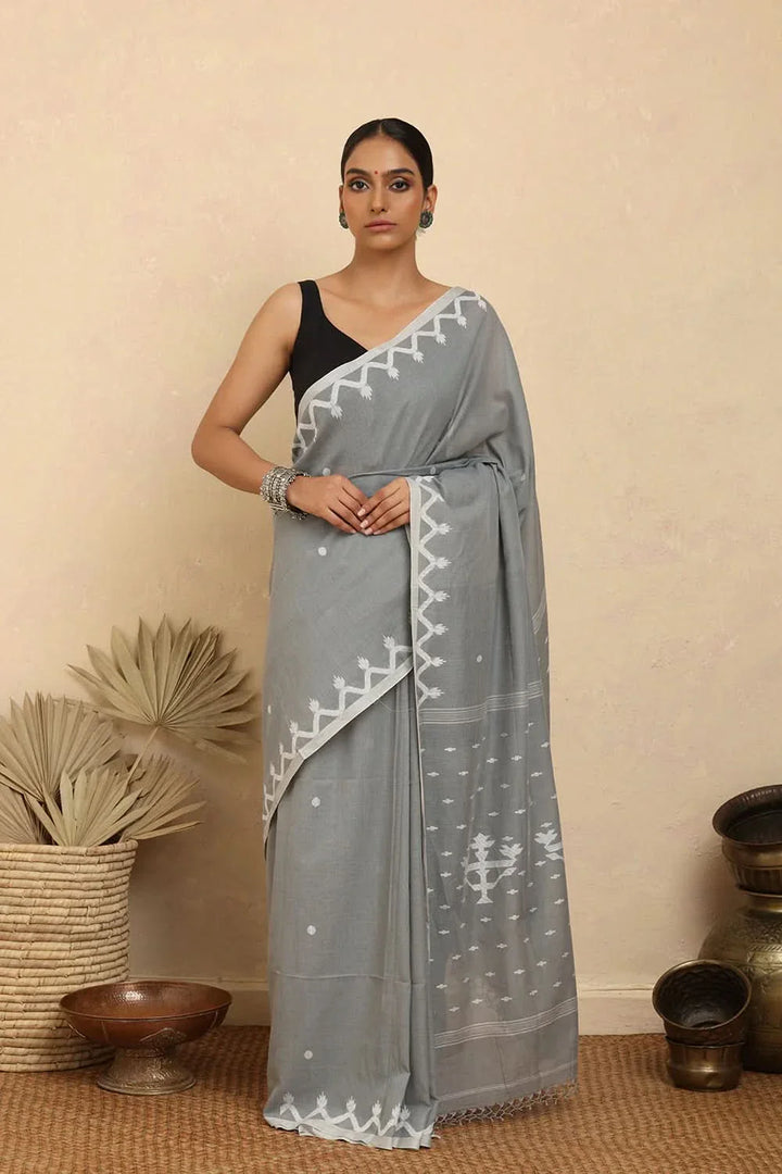 Handloom Grey Alpona Pure Cotton Jamdani Saree | SHOBITAM