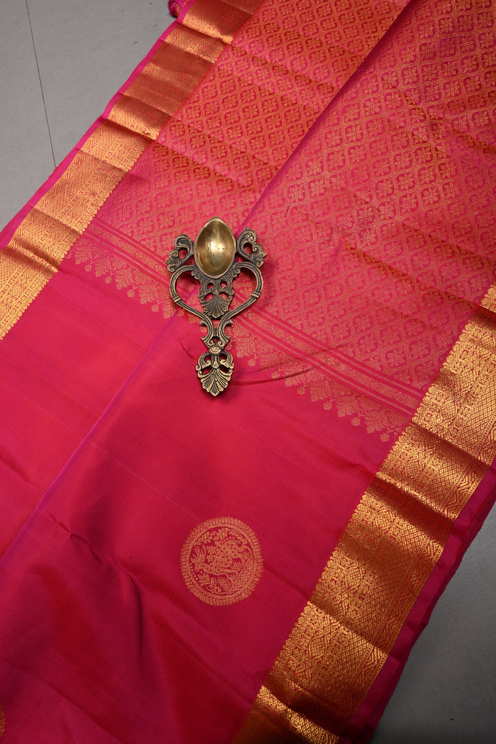 Rani Pink Pure Kanjivaram Silk Saree with Zari Buttas and Zari Border | SILK MARK CERTIFIED | SHOBITAM