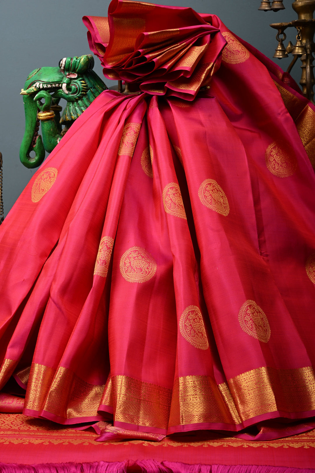 Rani Pink Pure Kanjivaram Silk Saree with Zari Buttas and Zari Border | SILK MARK CERTIFIED | SHOBITAM