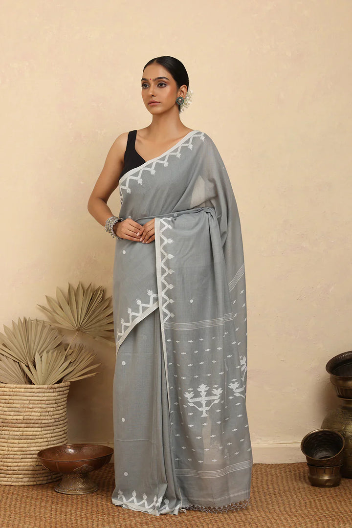 Handloom Grey Alpona Pure Cotton Jamdani Saree | SHOBITAM