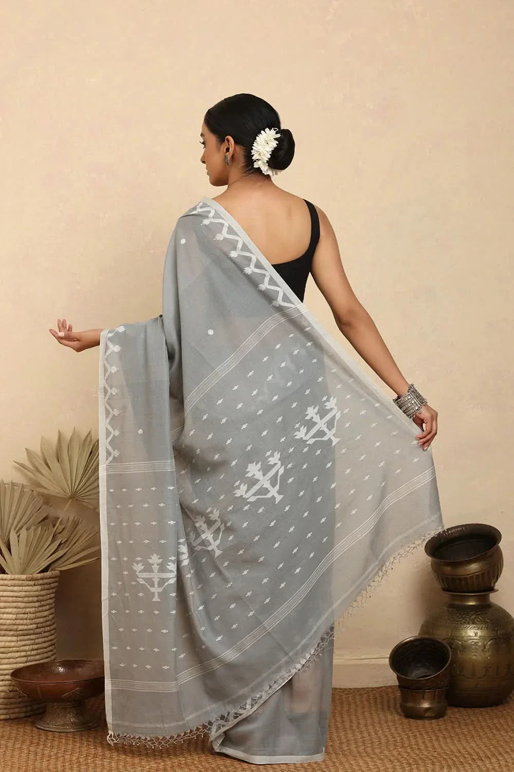 Handloom Grey Alpona Pure Cotton Jamdani Saree | SHOBITAM