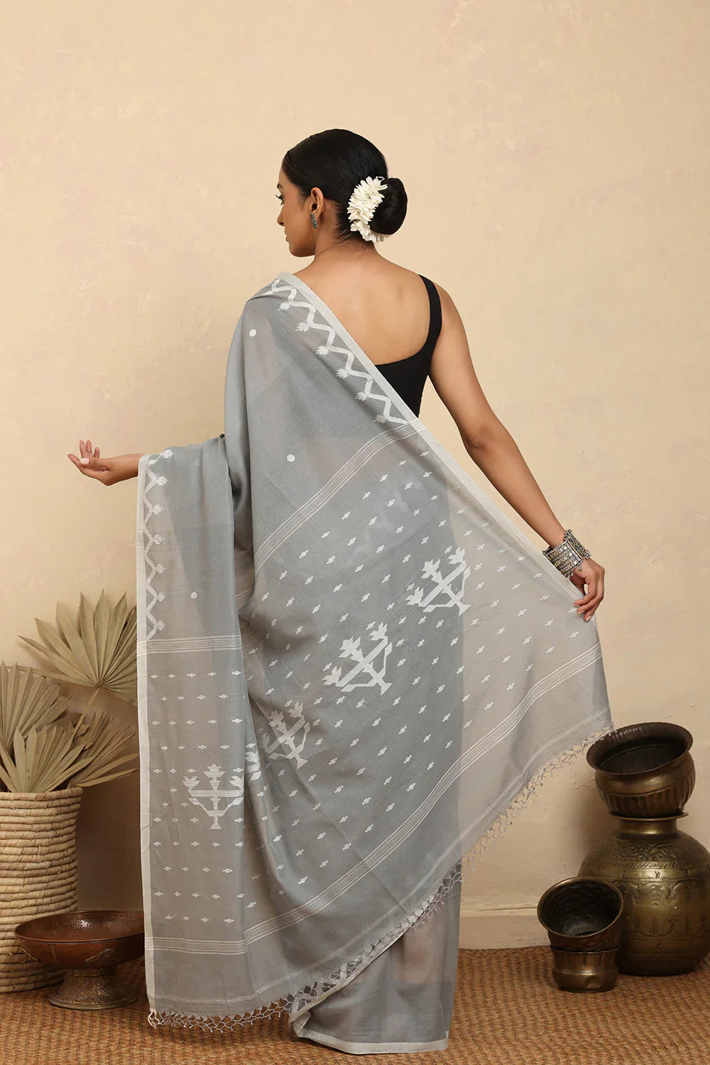 Handloom Grey Alpona Pure Cotton Jamdani Saree | SHOBITAM