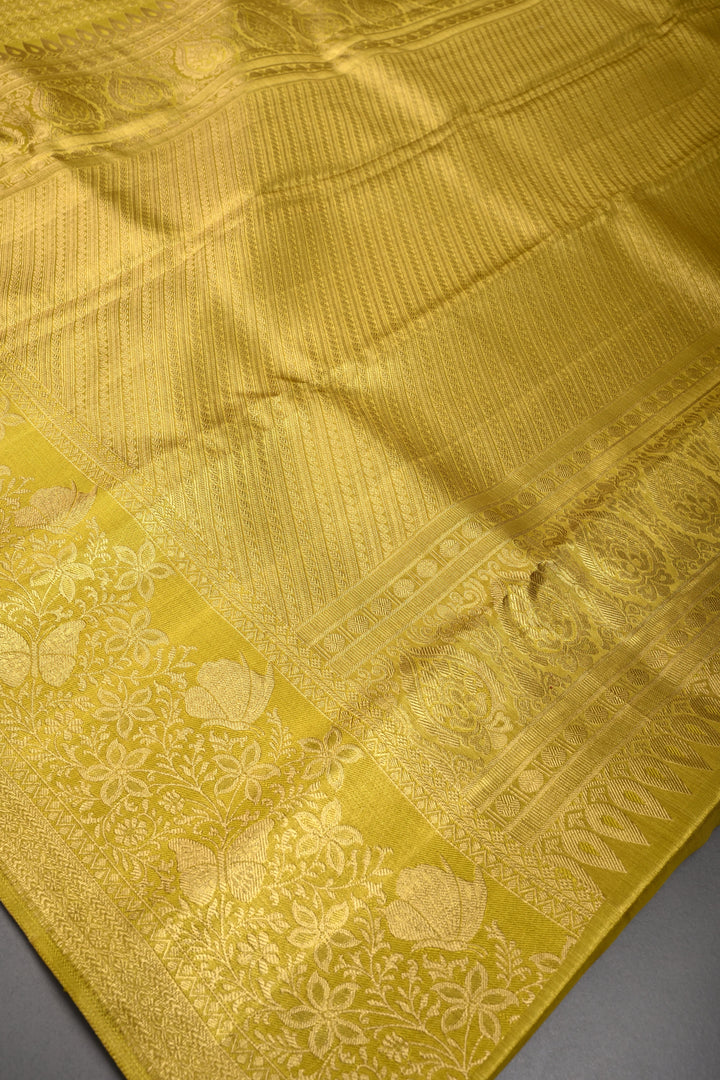 Gold-Yellow Pure Kanjivaram Tissue Silk Saree with Geometric Zari Brocade and Zari Border | SILK MARK CERTIFIED | SHOBITAM