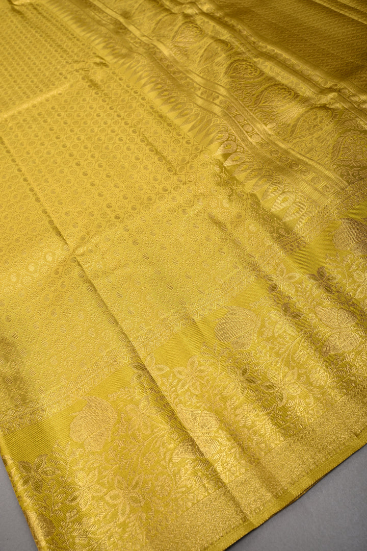 Gold-Yellow Pure Kanjivaram Tissue Silk Saree with Geometric Zari Brocade and Zari Border | SILK MARK CERTIFIED | SHOBITAM