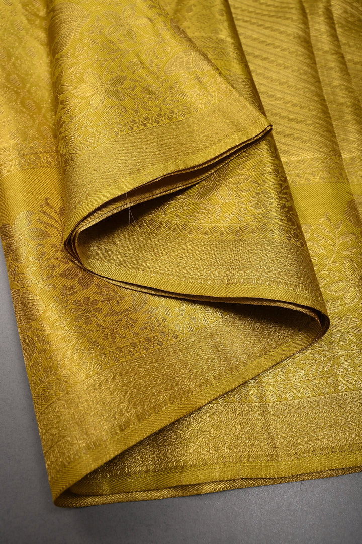 Gold-Yellow Pure Kanjivaram Tissue Silk Saree with Geometric Zari Brocade and Zari Border | SILK MARK CERTIFIED | SHOBITAM