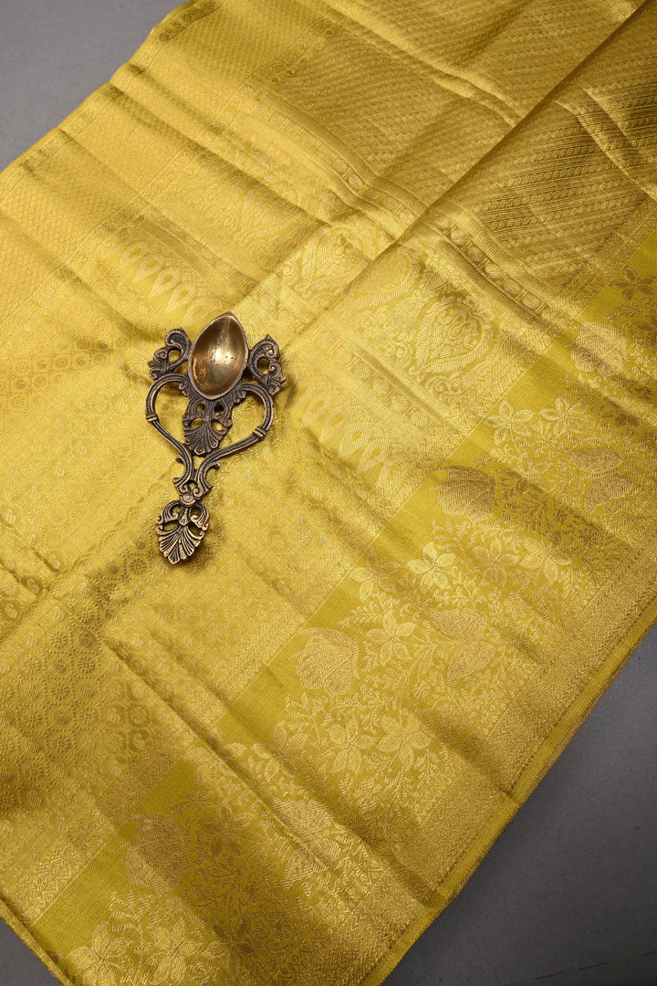 Gold-Yellow Pure Kanjivaram Tissue Silk Saree with Geometric Zari Brocade and Zari Border | SILK MARK CERTIFIED | SHOBITAM