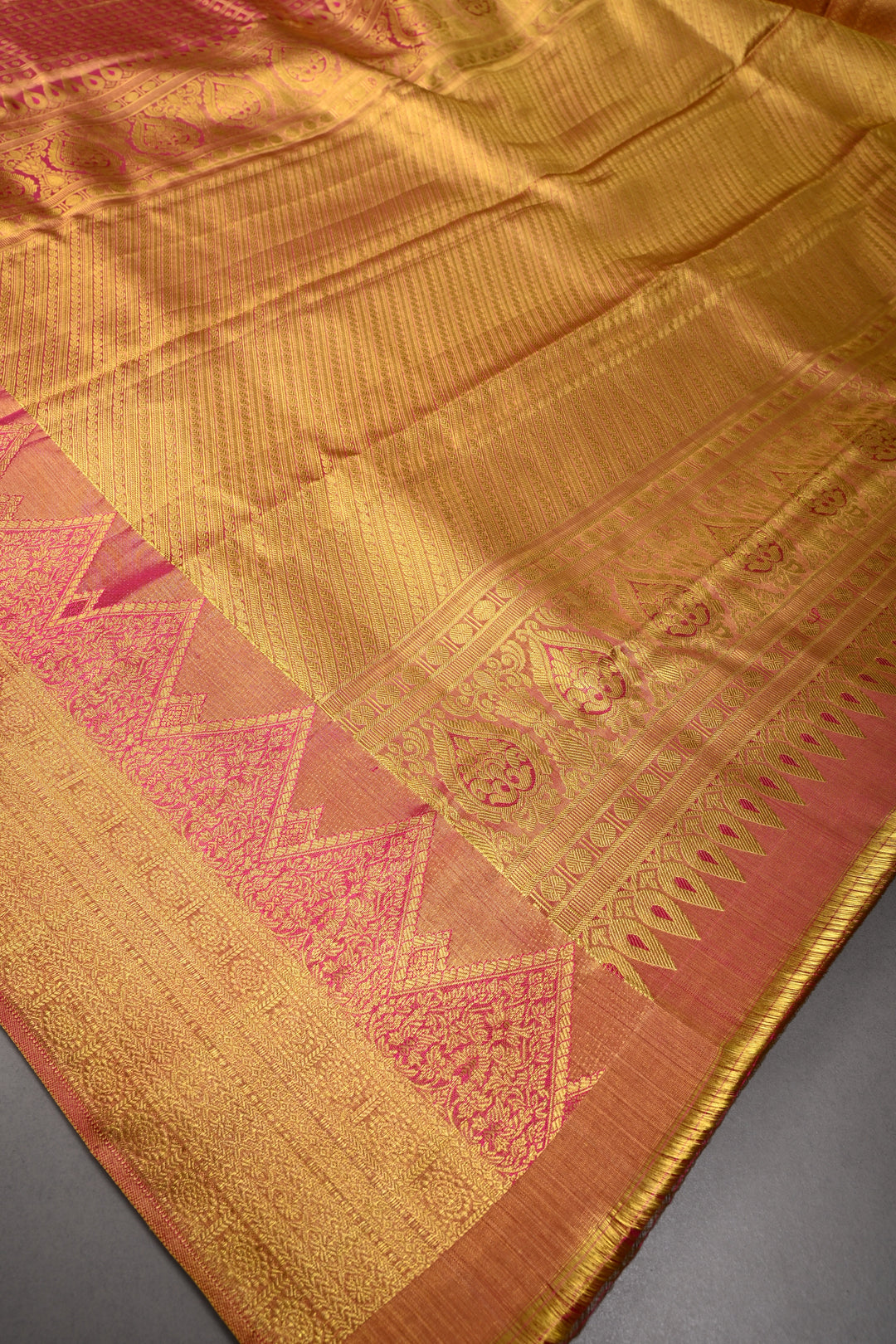 Pink-Gold Dual Tone Zari Checks on Pure Kanjivaram Tissue Silk Saree with Meenakari Zari Brocade and Zari Border | SILK MARK CERTIFIED | SHOBITAM