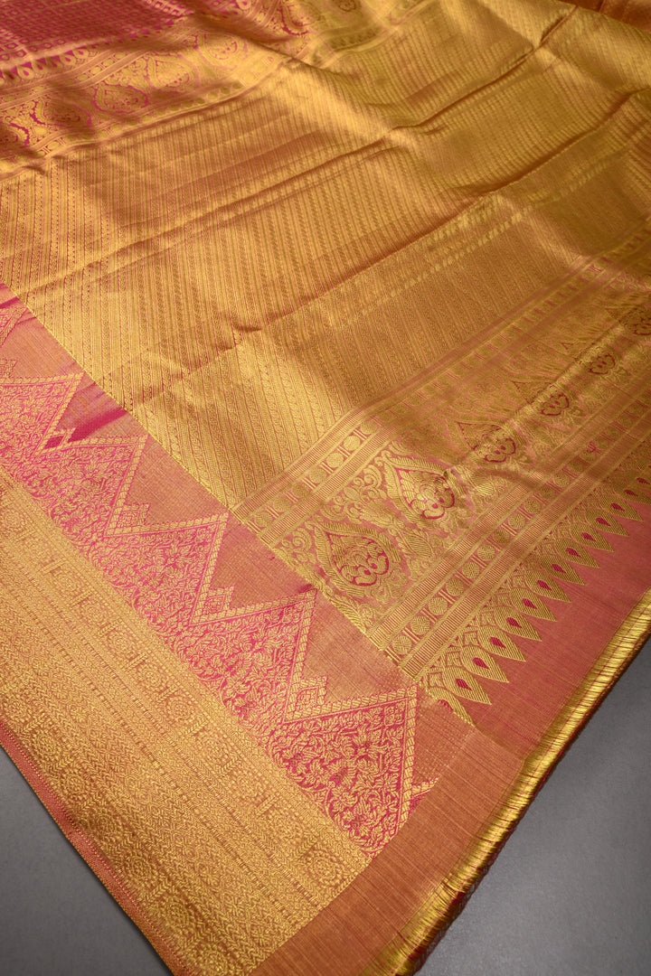 Pink-Gold Dual Tone Zari Checks on Pure Kanjivaram Tissue Silk Saree with Meenakari Zari Brocade and Zari Border | SILK MARK CERTIFIED | SHOBITAM