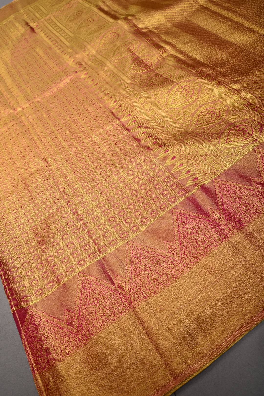 Pink-Gold Dual Tone Zari Checks on Pure Kanjivaram Tissue Silk Saree with Meenakari Zari Brocade and Zari Border | SILK MARK CERTIFIED | SHOBITAM
