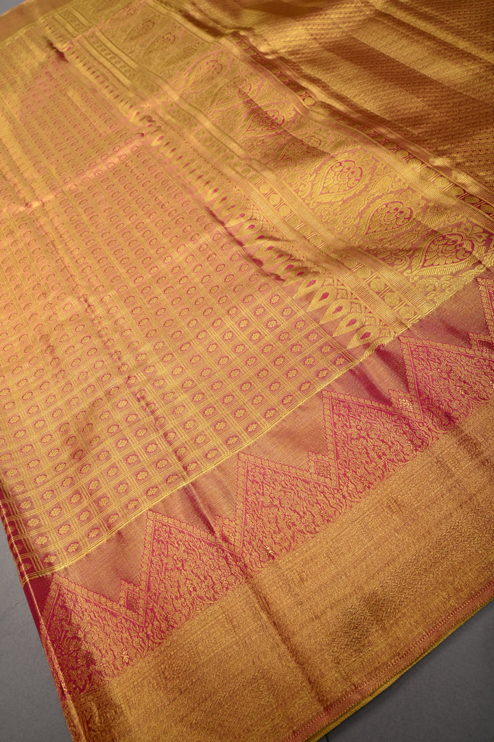 Pink-Gold Dual Tone Zari Checks on Pure Kanjivaram Tissue Silk Saree with Meenakari Zari Brocade and Zari Border | SILK MARK CERTIFIED | SHOBITAM
