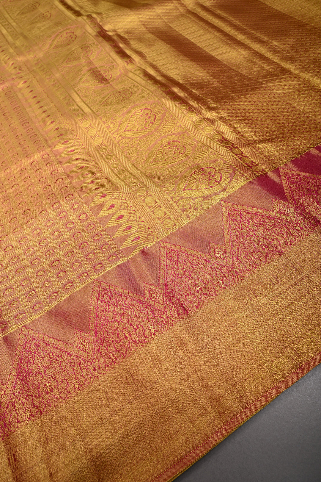 Pink-Gold Dual Tone Zari Checks on Pure Kanjivaram Tissue Silk Saree with Meenakari Zari Brocade and Zari Border | SILK MARK CERTIFIED | SHOBITAM