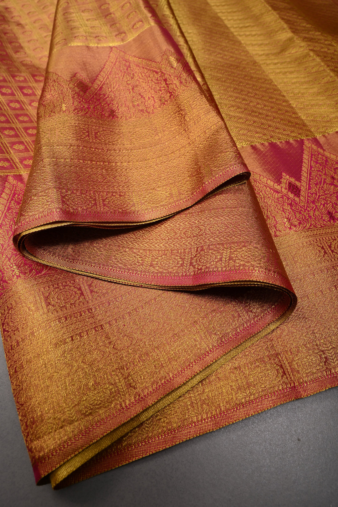 Pink-Gold Dual Tone Zari Checks on Pure Kanjivaram Tissue Silk Saree with Meenakari Zari Brocade and Zari Border | SILK MARK CERTIFIED | SHOBITAM