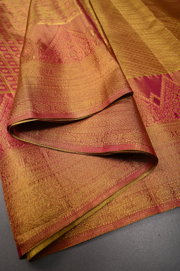 Pink-Gold Dual Tone Zari Checks on Pure Kanjivaram Tissue Silk Saree with Meenakari Zari Brocade and Zari Border | SILK MARK CERTIFIED | SHOBITAM